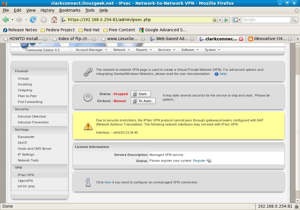11clarkconnectipsecnet2netvpn The network to network VPN page is used to create a Virtual Private Network.