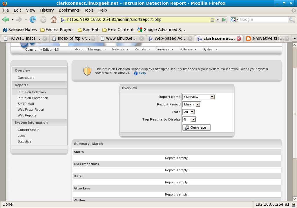 14clarkconnectintrusiondetectionreport The Intrustion Detection Report displays attempted security breaches of your system.