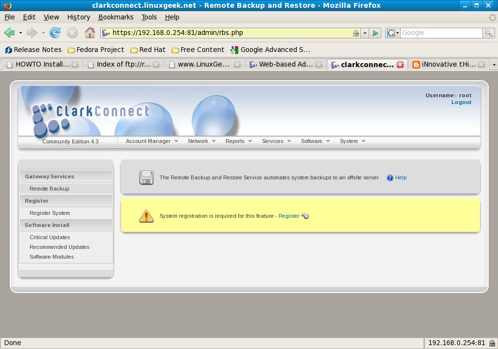 16clarkconnectremotebackuprestore The Remote Backup and Restore System automates system backups to an offsite server. System registration is required for this feature.