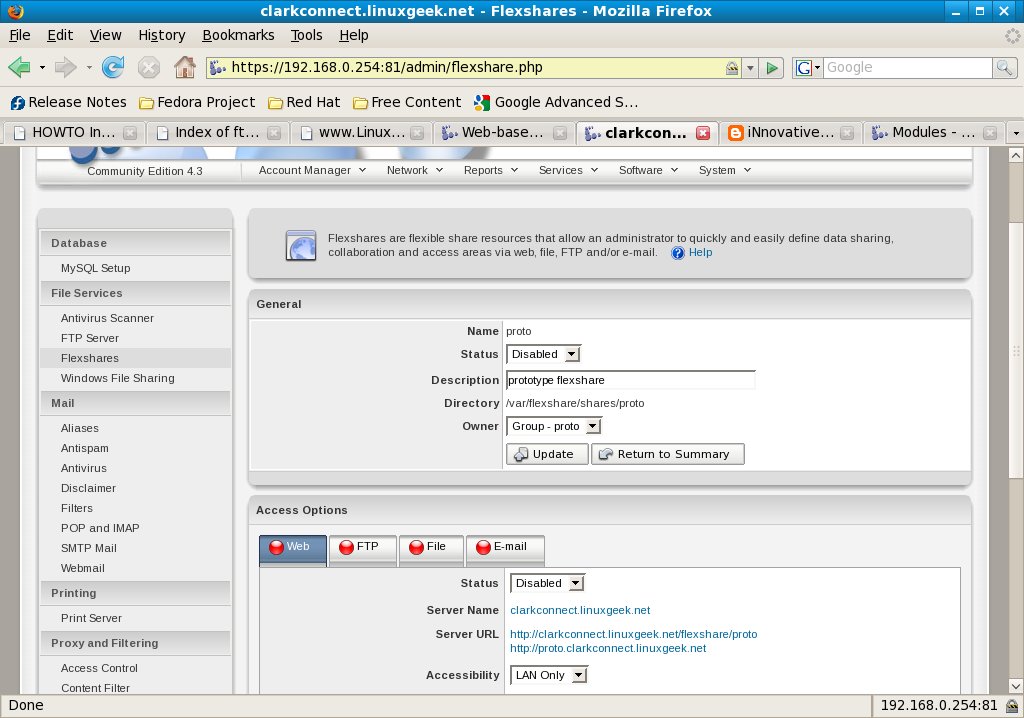 19clarkconnectflexshares Flexshares are flexible share resources that allow an administrator to quicly and easily define data sharing collaboration and access areas via Web File, FTP and/or e-mail.