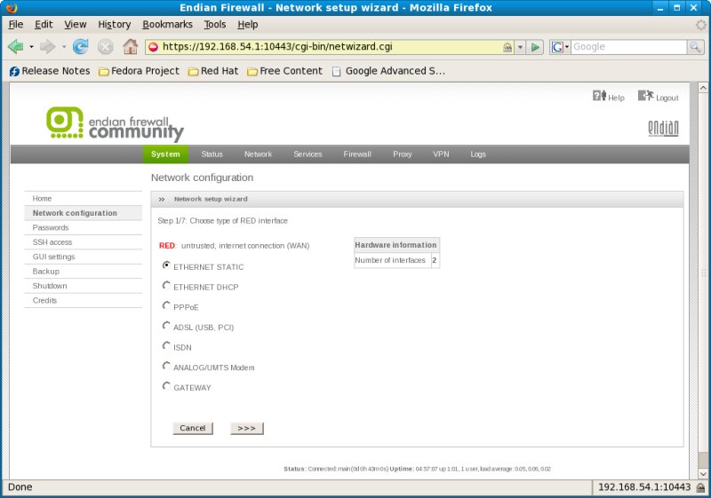 Endian Firewall Network Confiiguration Beginning of Network Configuration Wizard