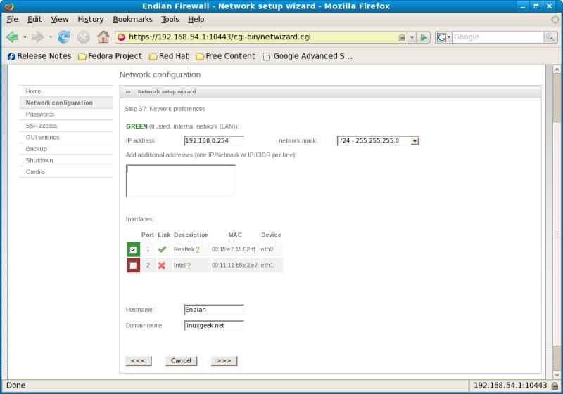 endiannetwork3 Here we configure the lan or green zone.