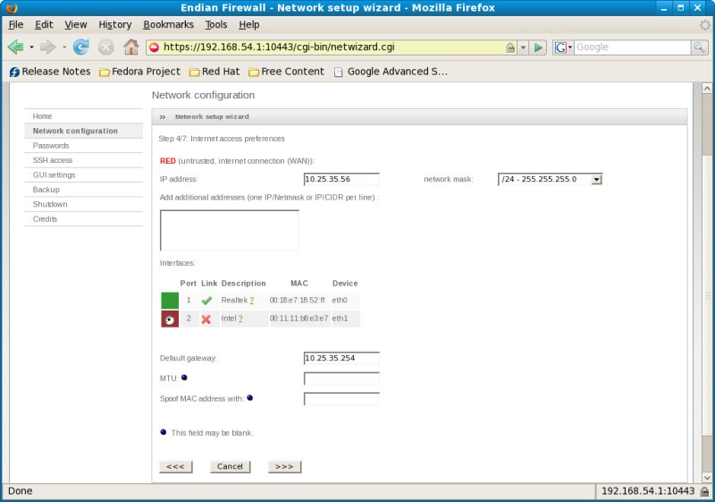 Endian Firewall page 4 network wizard Configure the wan or red zone network.