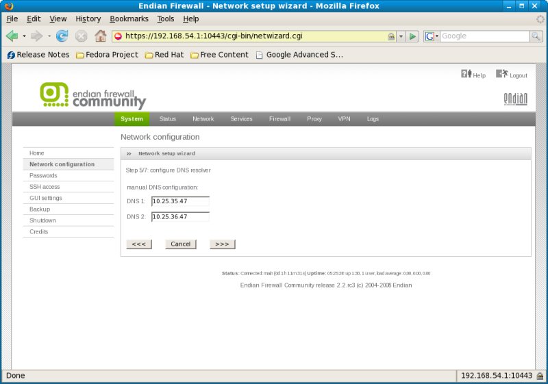Endian Network Wizard page 5 Configure the DNS servers for the network.