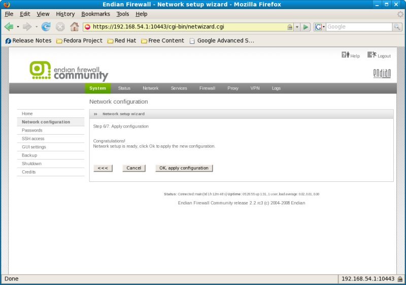 Endian Firewall Network Wizard page 6 Apply the configuration