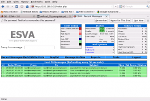 ESVA Web Interface Recent Messages page displayed after login as administrator